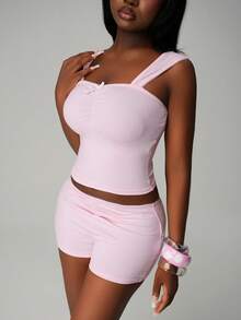 Nooralise Women's Coquette Pink Cami Top - Lace Trim Sweetheart Neck Ruched Tank Top With Bow - Pink - View 5