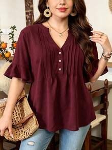 Lacomfia Burgundy Ruffle Short Sleeve Wooden Button Decor Fitted Loose Minimalist Elegant Casual Plus Size Shirt Teachers' Day Office Party Summer - Burgundy - View 4