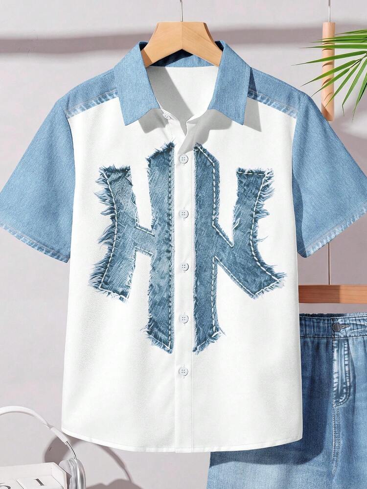 Tween Boy Casual Loose Collar Short Sleeve Shirt & Casual Sports Shorts 2 Pieces Set With Cartoon Pattern - Multicolor - View 3