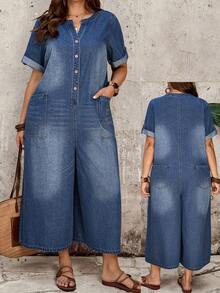 EMERY ROSE EMERY ROSE Plus Size Fashion Versatile Button Pocket Loose Denim Cropped Jumpsuit - Dark Wash - View 1
