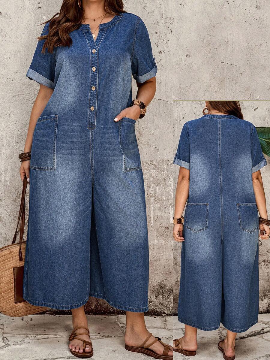 EMERY ROSE EMERY ROSE Plus Size Fashion Versatile Button Pocket Loose Denim Cropped Jumpsuit - Dark Wash - View 1