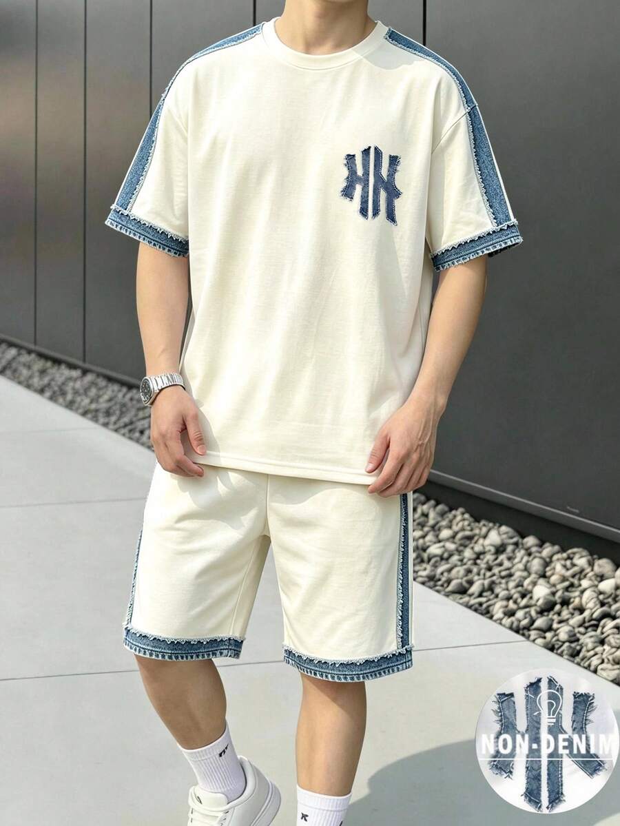 青少年男孩休閒極簡短袖圓領T恤與短褲套裝,2件套服裝,適合秋季返校 - 彩色 - 查看 1