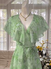 Celisse Semi-Transparent Ruffle Trim Collar Short Dress Digital Print - Aqua Green - View 6