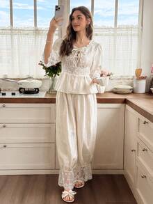 Snug Reverie Lace Trim Patchwork Lantern Sleeve Hollow Out Women's Pajama Set Home Sleep White Autumn Kawaii Elegant - Champagne - View 3