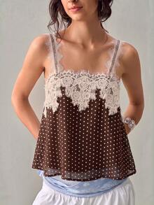 SHEIN 女款優雅蕾絲拼接雪紡波點透視背心，適合度假、海灘與假日穿搭 - 咖啡棕 - 查看 5