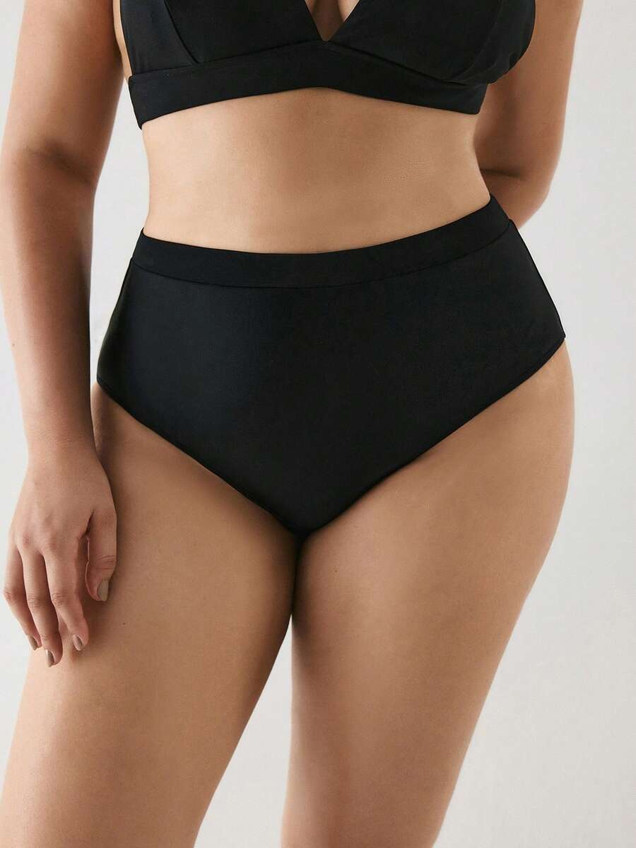 YARNWELL Plus Size Women's Solid Color Casual High Waist Bikini Bottoms For Beach Vacation