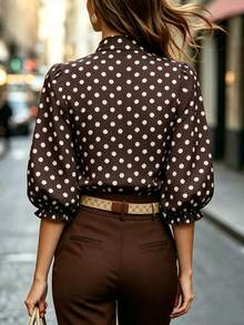 SHEIN Brown All-Over Print White Small Polka Dot Collar Large Bowknot Blouse With Puff Shoulders, Ruffle Trim Mid-Sleeves, Single-Breasted Round Buttons, Cinched Waist, Versatile Base Layer Shirt - Multicolor - View 3