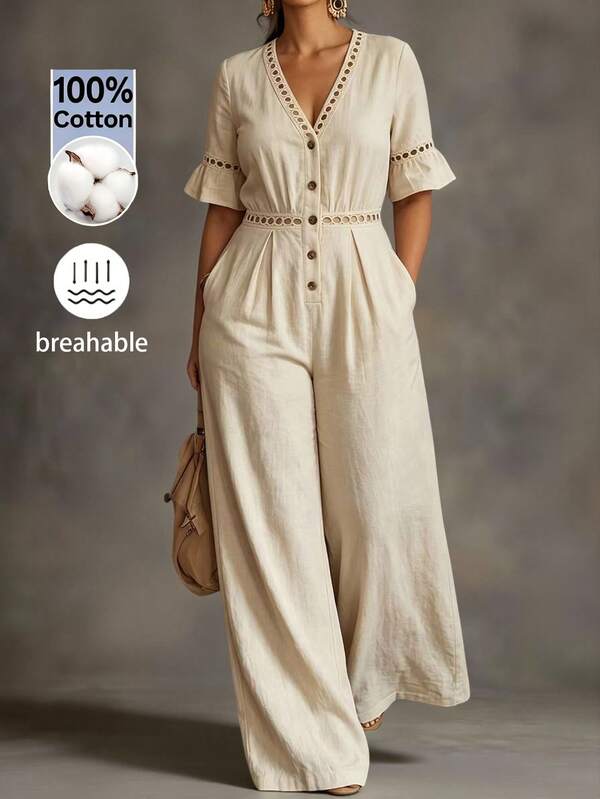 Linhara CURVE Mono de mujer de lino beige con cuello en V, bordado de ojales, cintura ceñida, pierna ancha y manga acampanada