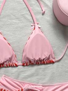 Swim Mod 女款春夏新款波點印花蝴蝶結裝飾V領掛脖露背三角比基尼套裝，含綁帶三角比基尼褲與低腰比基尼褲，3件組 - 彩色 - 查看 5