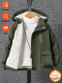 SHEIN 男童軍綠色連帽工裝口袋羽絨填充外套，適合外出、學校與居家穿著，附抓絨內裡 - 軍綠色 - 查看 2