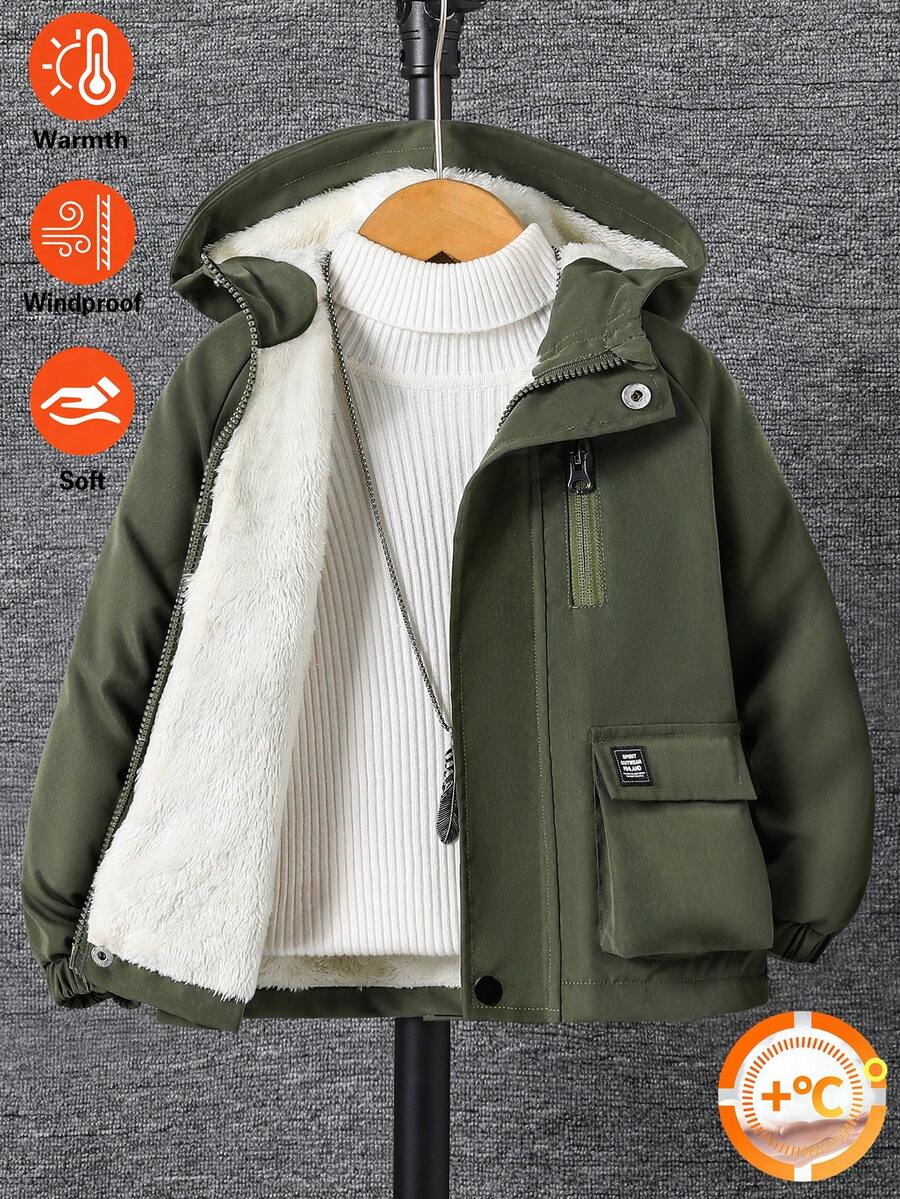 SHEIN 男童軍綠色連帽工裝口袋羽絨填充外套，適合外出、學校與居家穿著，附抓絨內裡