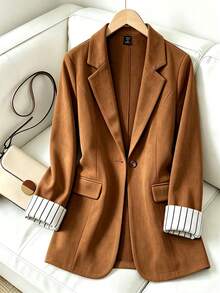 GlowEve CURVE Plus Size Women's Solid Color Notch Lapel Casual Commute Long Sleeve Blazer - Brown - View 1