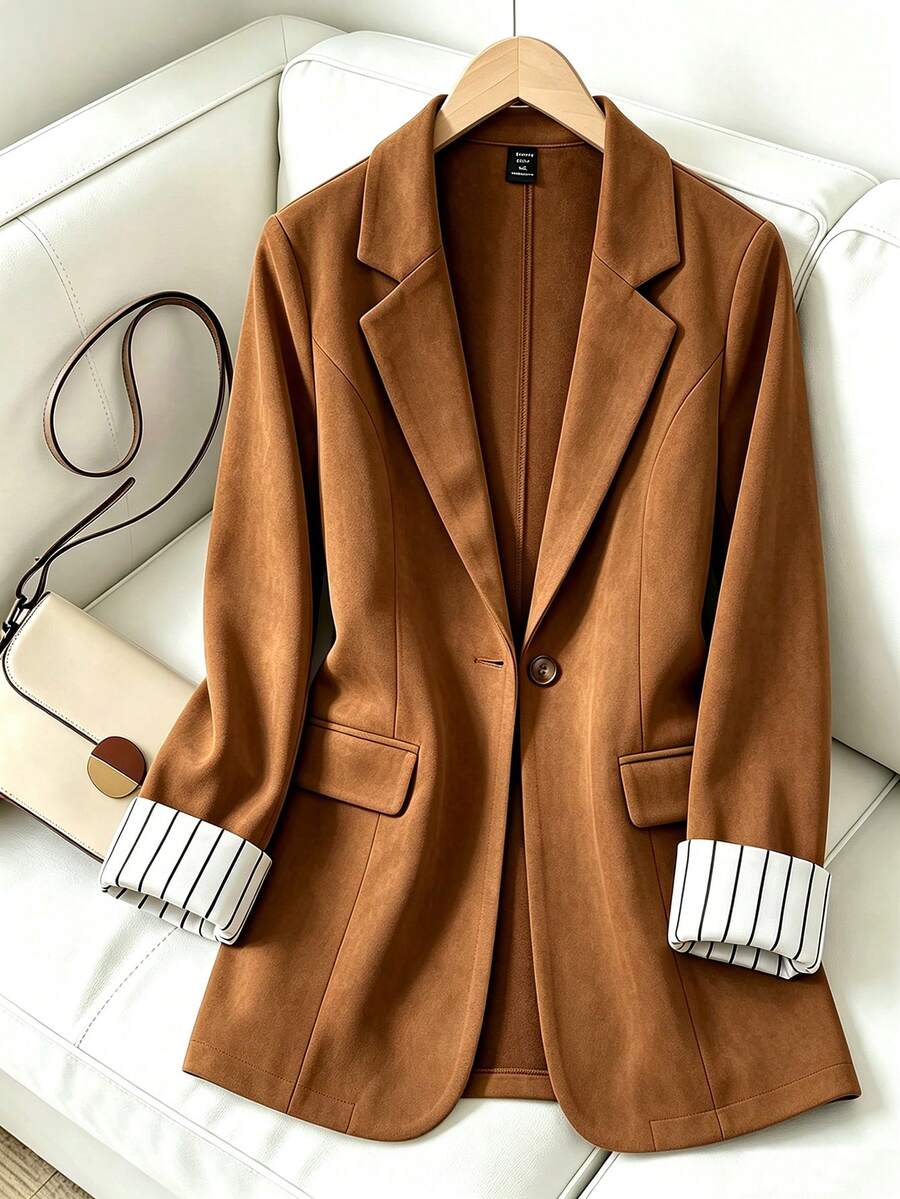 GlowEve CURVE Plus Size Women's Solid Color Notch Lapel Casual Commute Long Sleeve Blazer - Brown - View 1