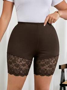SHEIN Clasi Conjunto de 2 piezas de leggings para mujer talla grande, pantalones y shorts en negro y marrón chocolate, con dobladillo de encaje, elásticos, elegantes y casuales para oficina, vacaciones y verano - Café integral - Ver 6