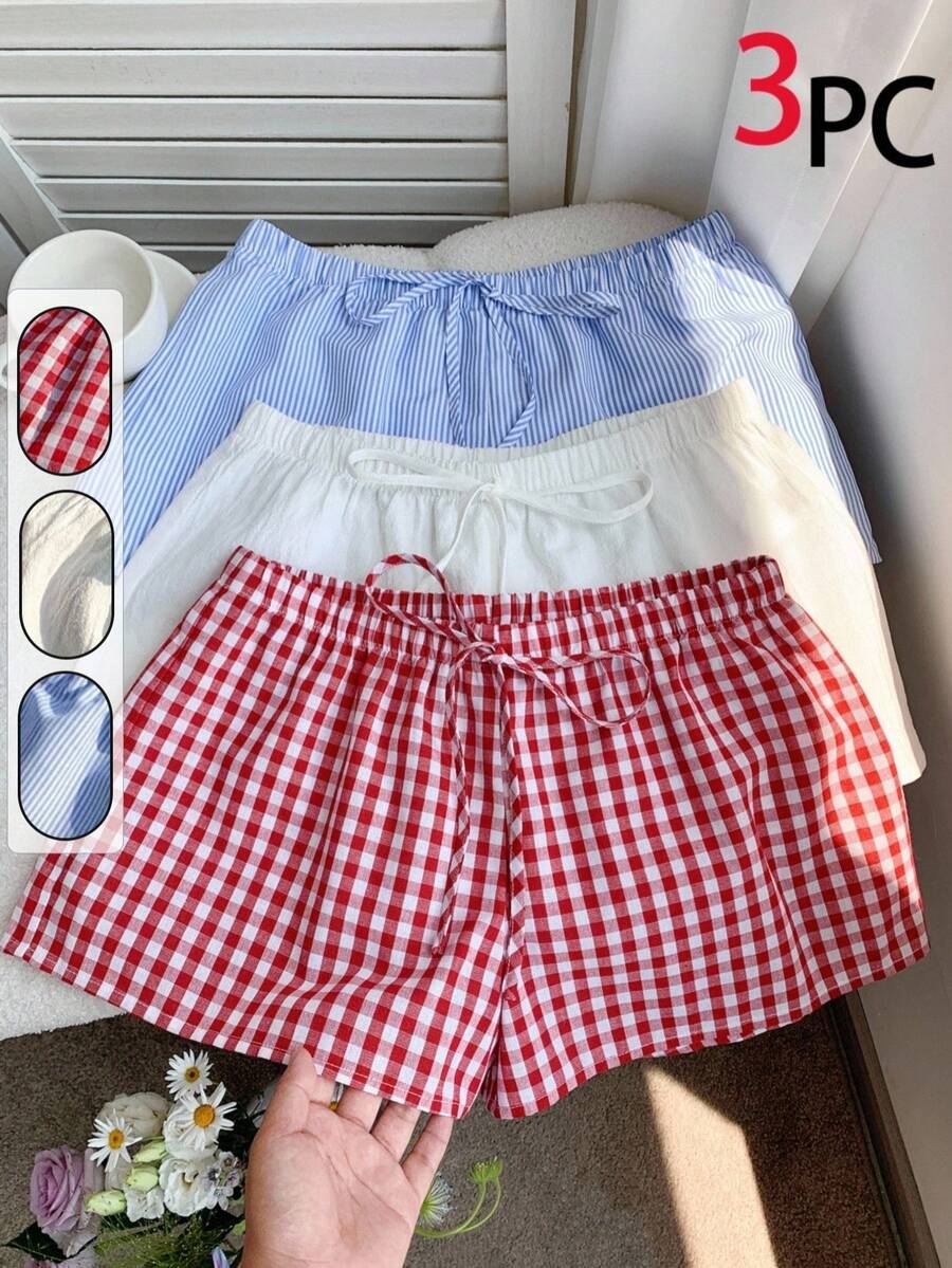 Comfortcana Plus Size Summer Navy Blue White Red And White Plaid Solid Color Shorts Multi-Pack Night Formal Traditional Elegant - Multicolor - View 1