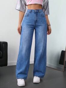 SHEIN EZwear 大尺碼女款休閒工裝傳統口袋直筒牛仔褲 正式夜店畢業季淺藍色秋季 - 中等水洗藍 - 查看 5