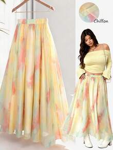 Elenzga Damenrock in großen Größen für den Sommer, Batik-Marmor-Muster, Mesh-Chiffon, doppellagig, A-Linie, fließend, mit elastischem Bund, figurschmeichelnd, elegant, exquisit, vielseitig, mehrfarbig, für den Urlaub - Gelb - Übersicht 1