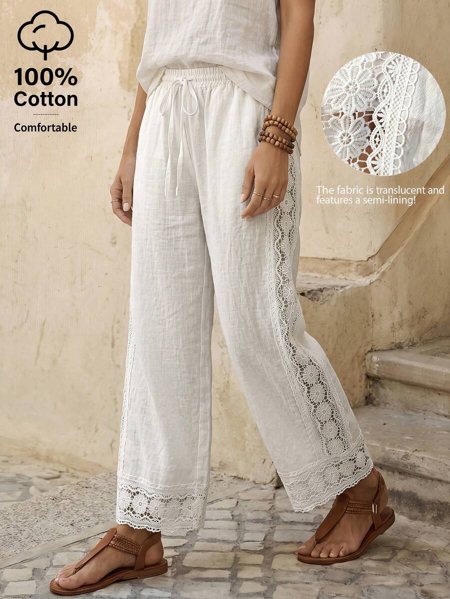 EMERY ROSE Pantalones casuales de algodón con bolsillo bordado para mujer - Blanco - Ver 1