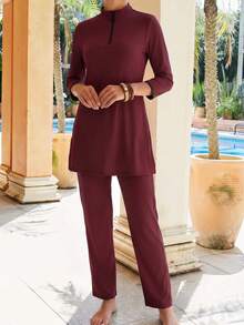 Swim Shayni 26SS 春夏度假優雅保守棕色泳衣布基尼兩件套 - 酒紅色 - 查看 4