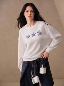 Anewsta Sudadera de cuello redondo de manga larga con estampado de patrón de concha y remaches para mujer - Blanco - Ver 6