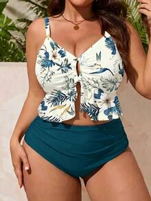 Swim Lushoire Leopard Print Ruffle Trim Casual Vacation Plus Size Women Swimsuit Set - Teal Blue - View 6