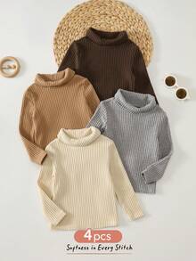 Cozy Pixies Set Baju Bayi Laki-laki dan Perempuan Warna Netral Polos, Berbahan Fleece, Tebal, Elastis, Lembut, Rajutan, Kerah Setengah, Lengan Panjang, Atasan Pullover, 4 Potong, Cocok untuk Musim Dingin - MultiWarna - View 3