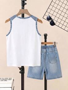 Teen Boy Casual Minimalist Sleeveless Round Neck Tank Top & Shorts 2-Piece Set, Suitable For Summer - Multicolor - View 2