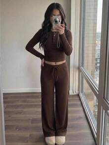 SHEIN Girlism Tween Girl 新時尚休閒兩件套服裝，咖啡棕色，適合春/秋/冬，適用於外出、通勤、休閒、居家、辦公穿著，純色麂皮羅紋布料，前開襟設計，可調腰褶 - 棕色 - 查看 6