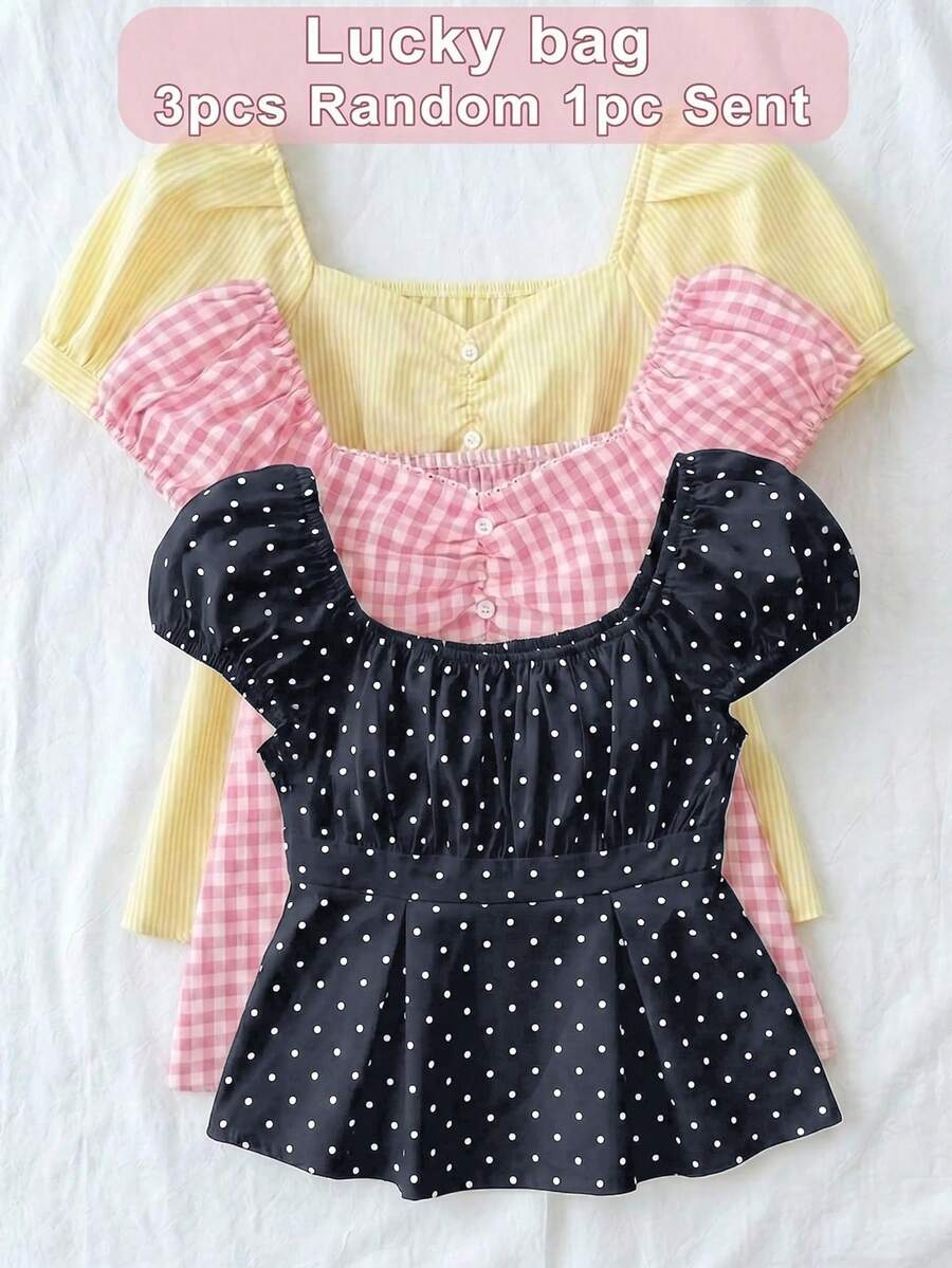 SHEIN 少女白色黑波點短袖領口花卉上衣,適合度假、外出、上學 - 藍色 - 查看 1