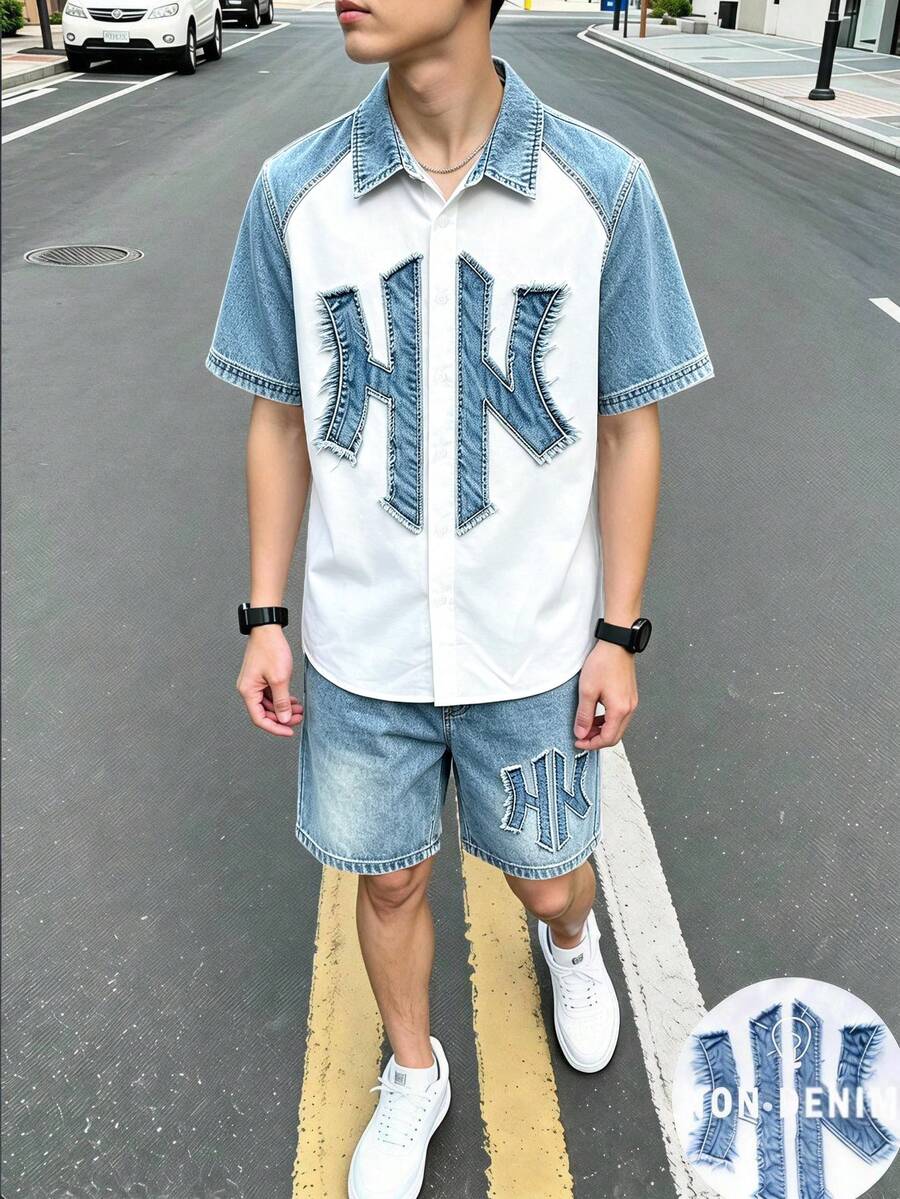 青少年男孩休閒極簡領口丹寧印花襯衫套裝，2件式夏季返校穿搭 - 彩色 - 查看 1