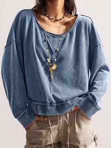 Bohemela Women's Casual Solid Color Knit Crew Neck Loose Washed Sweatshirt Off The Shoulder Sweatshirt Off Th - Blue - View 4