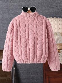 SHEIN 青少年女孩粉色愛心毛絨外套，可愛時尚舒適百搭，適合秋冬穿著 - 藕粉色 - 查看 2