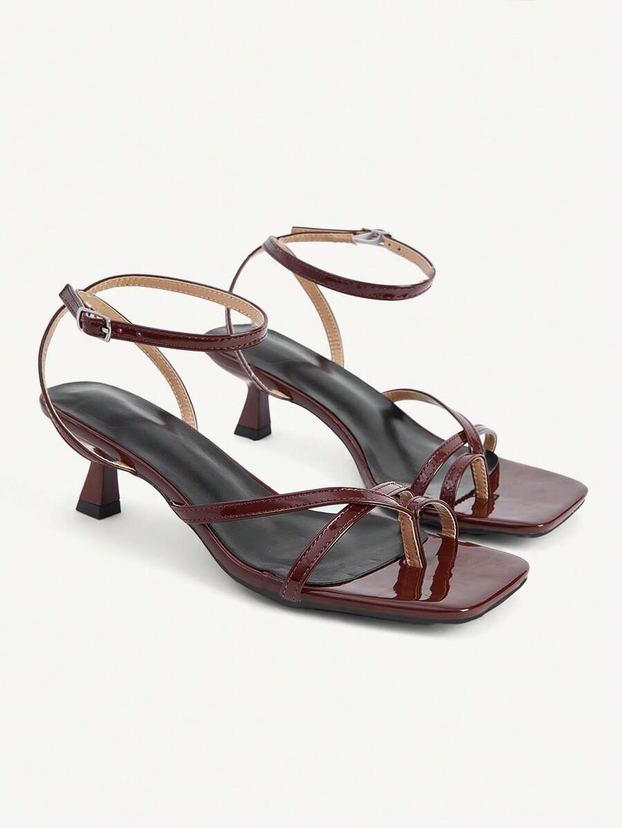 CUCCOO CHICEST 交叉綁帶夾腳露趾後交叉足踝帶方頭細高跟時尚通勤深棕色PU皮革高跟涼鞋 約會度假款 - 深棕色 - 查看 1