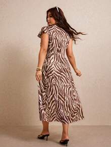 Elaquor Plus Size Vacation Fashion Zebra Print Button-Down Dress Formal Beige Summer Boho Casual Kawaii - Multicolor - View 2