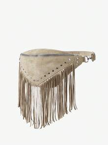 Viva Strut Women's Retro Tassel Rivets Waist Bag/Chest Bag, Fashionable Simple Versatile  Street  Sweet And Cool Girls Y2K,  Daily Shopping, Music Festivals - Khaki - View 4