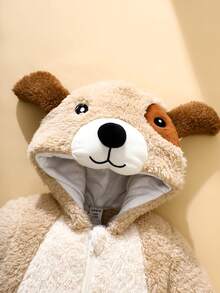 SHEIN Newborn Cute Plush 3D Puppy Hooded Long Sleeve Jumpsuit With Feet - Khaki - View 5