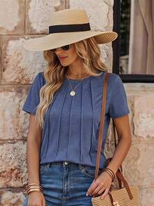 EMERY ROSE Camiseta de manga corta con pliegues en los hombros regulares - Azul Marino - Ver 3