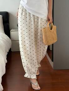 DAZY Summer Autumn Floral & Polka Dot Loose Ruffle Lantern Pants Women's Pajama Bottoms - Beige - View 4