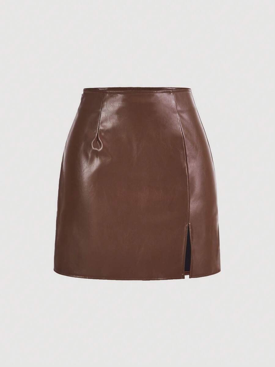 SHEIN ICON 纯色时尚开衩下摆 PU 皮革迷你裙 - 巧克力棕 - 查看 1