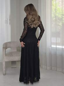 Jemour Women's Autumn/Winter Lace Ruched Bodycon Dress, Versatile For Outings, Date Nights, Theme Parties, Celebrations Elegant Black - Black - View 2
