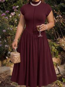 SHEIN MOD Plus Size Women's Brown High Neck Long Knit Dress,Valentine's Day,Wedding,Elegant Dresses,White Dress,Wedding Guest Dress For Women, Spring/Summer Outfits, Tea Party Outfit Women, Holidays, Birthday - Burgundy - View 11
