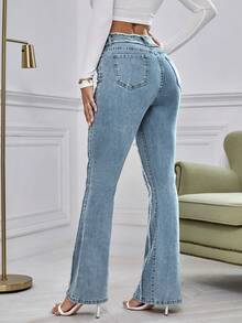 EMERY ROSE Distressed Hem Slim Fit Flare Jeans - Dusty Blue - View 2