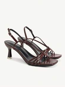 CUCCOO CHICEST Dark Brown Patent Leather Thin Strap Square Toe High-Heeled Sandals, Retro Temperament Buckle High-Heeled Open-Toed Women's Shoes - Brown - View 1