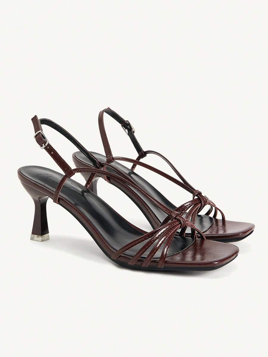 CUCCOO CHICEST Dark Brown Patent Leather Thin Strap Square Toe High-Heeled Sandals, Retro Temperament Buckle High-Heeled Open-Toed Women's Shoes - Brown - View 1