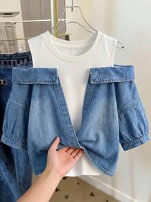 SHEIN Clasi 女款 2 合 1 拼接休閒日常牛仔上衣 前扭結露肩 2 合 1 泡泡短袖短版襯衫 夏季 白色 藍色 - 藍色 - 查看 2