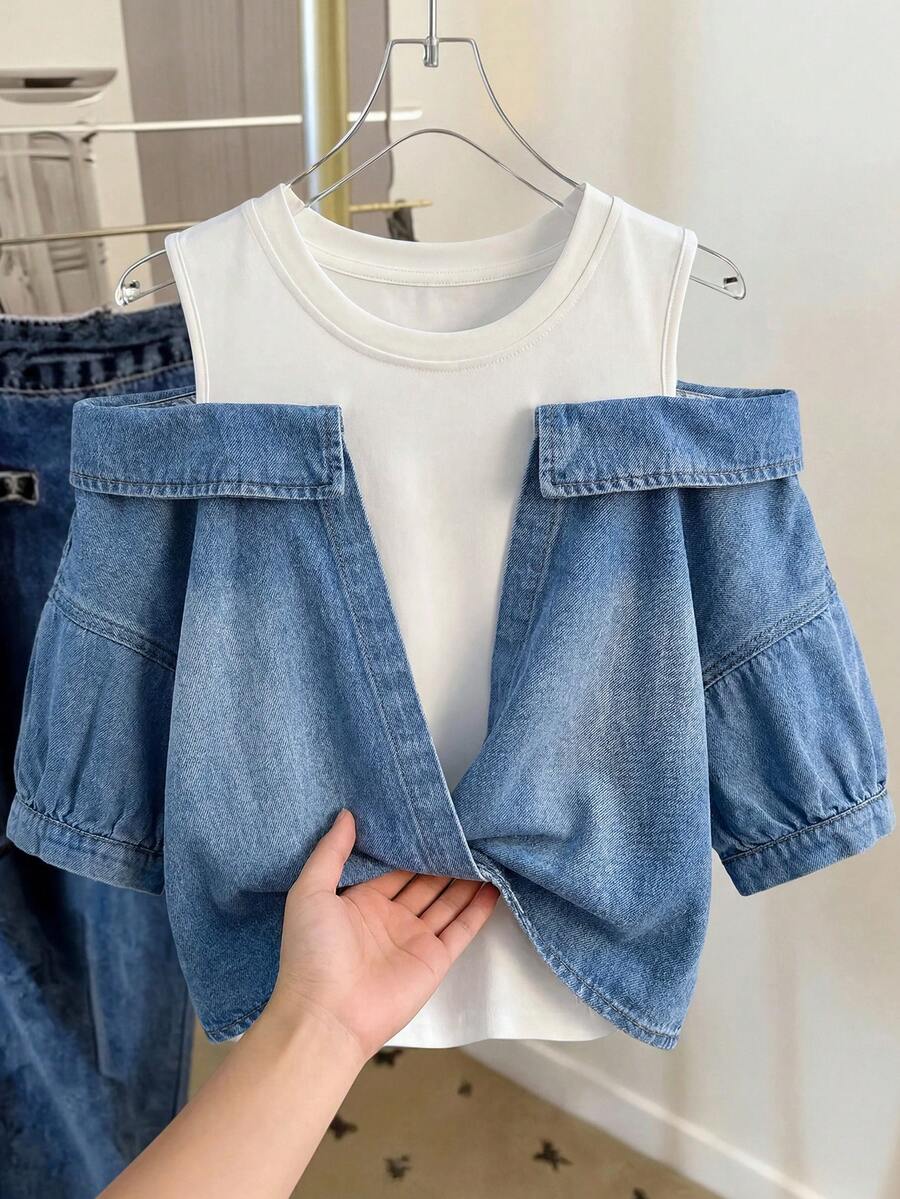 SHEIN Clasi 女款 2 合 1 拼接休閒日常牛仔上衣 前扭結露肩 2 合 1 泡泡短袖短版襯衫 夏季 白色 藍色