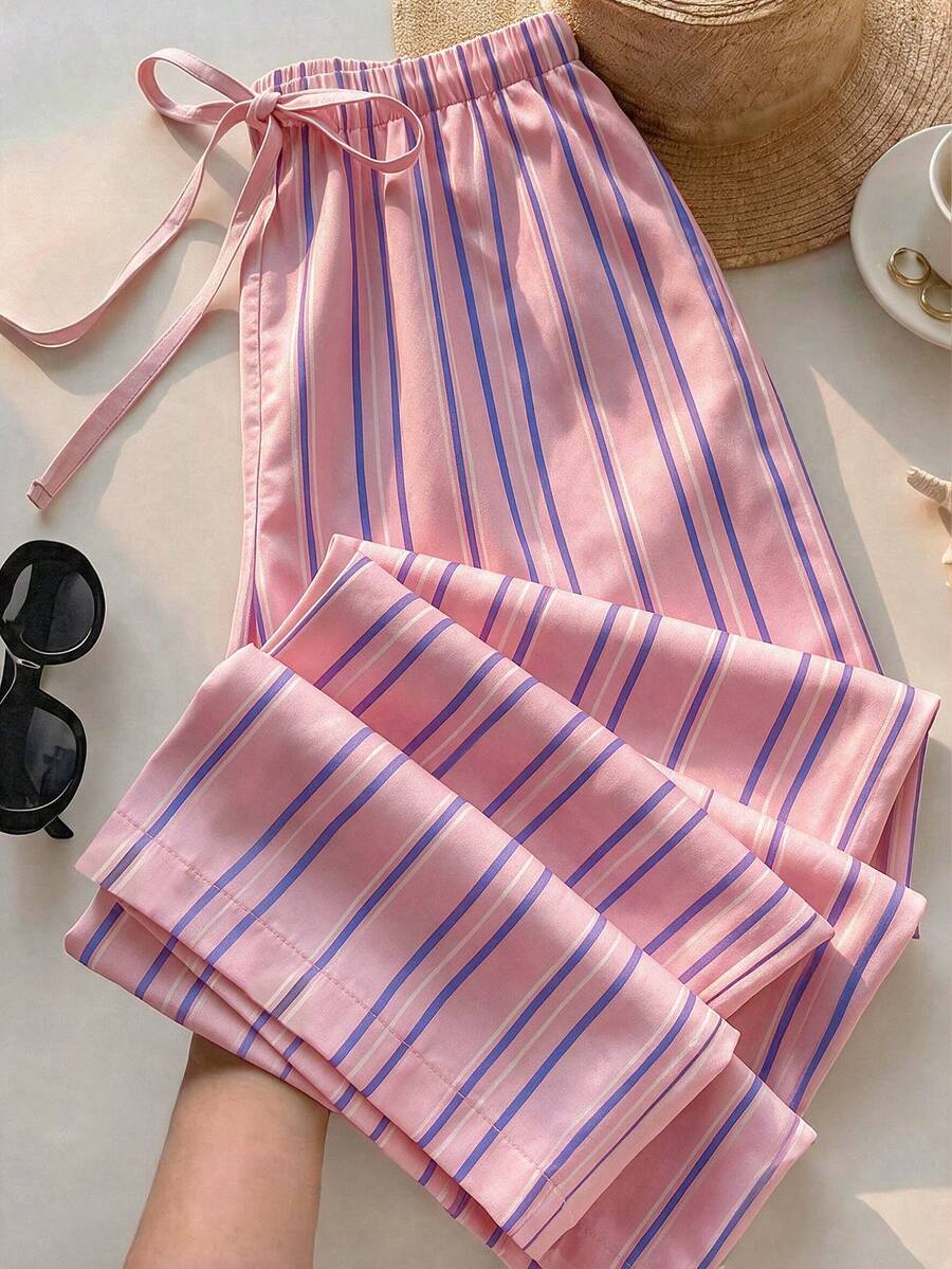 SHEIN EZwear 女款休閒街頭風條紋拼接抽繩腰長褲 - 彩色 - 查看 1