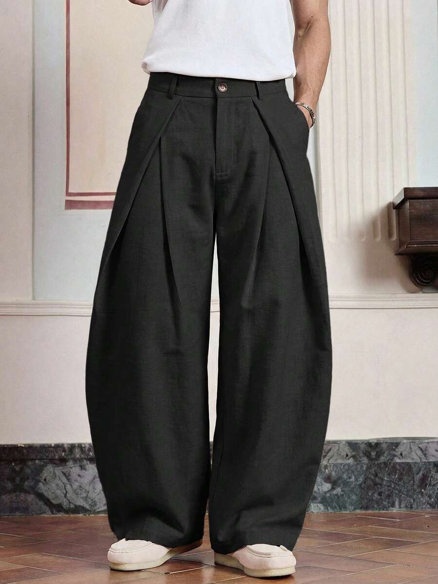 EASEVO Men's Plus Size Solid Color Pleated Pocket Curved Leg Wide Leg Long Pants - Black - View 1