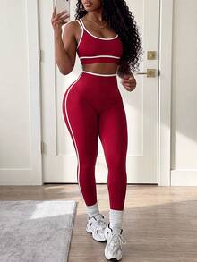 BamGleam Seamless High Elasticity Women's Color Block Top And High Waist Leggings Casual Daily Sports Set - Burgundy - View 1