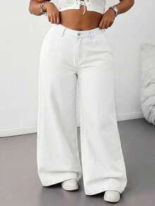 SHEIN Tall CURVE Plus Size Women Loose Fit Pockets Wide Leg Casual Jeans - White - View 3